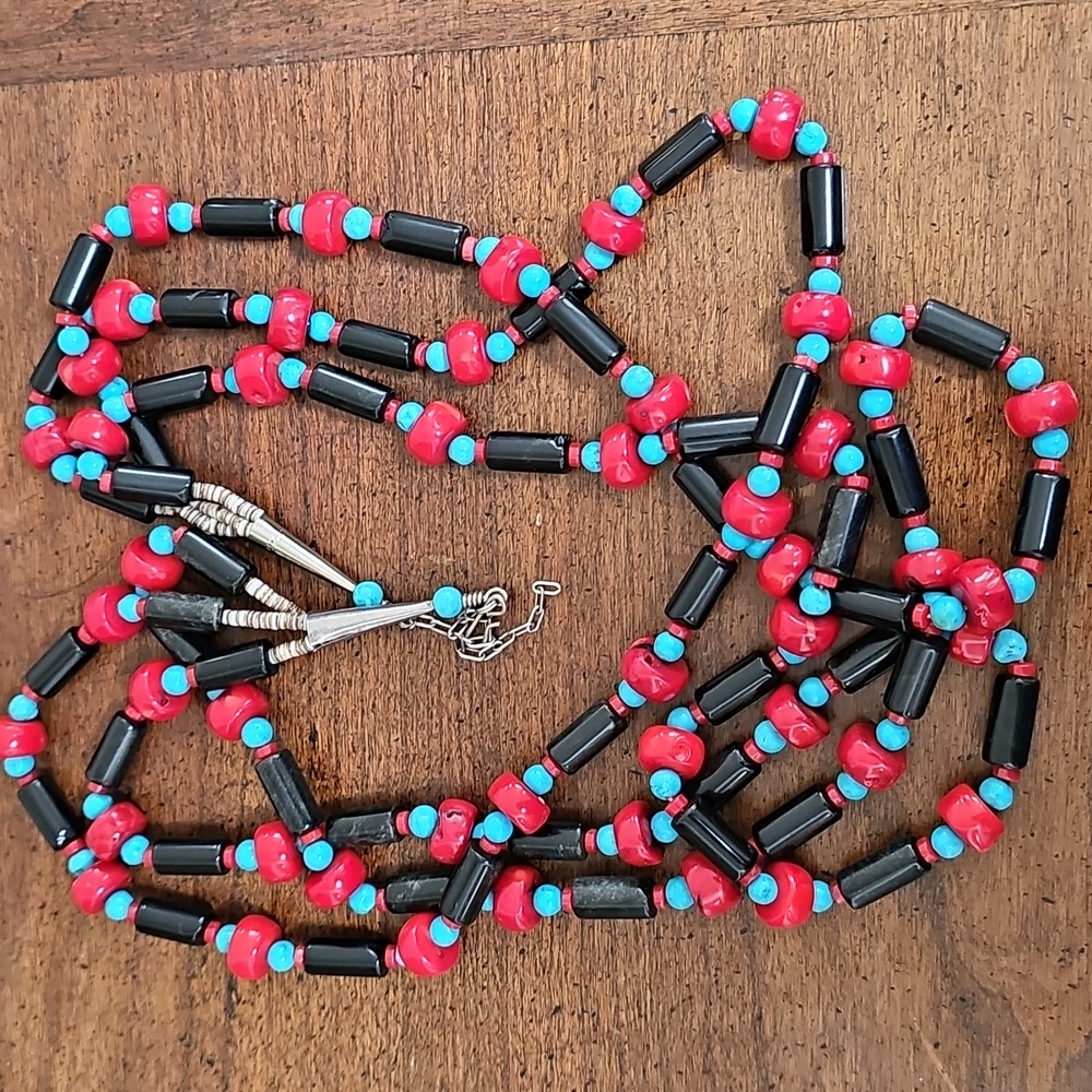 Navajo Sterling Silver Turquoise Coral Obsidian Necklace